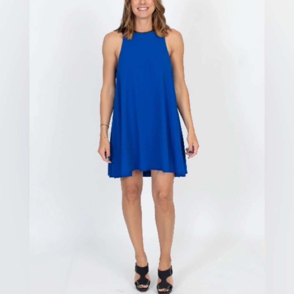 Alexander Wang black leather trimmed cobalt blue trapeze dress, size S